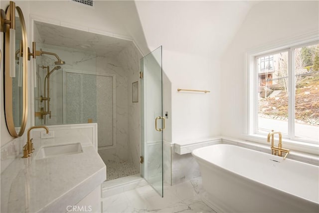 729 Brentwood Dr, Lake Arrowhead, CA 92352 - full bathroom with marble finish floor, vaulted ceiling, a marble finish shower, and a healthy amount of sunlight