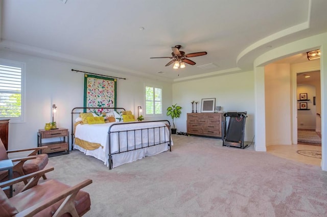 bedroom with a raised ceiling, carpet flooring, and a ceiling fan