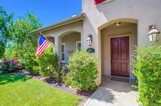 entrance to property featuring a yard and stucco siding