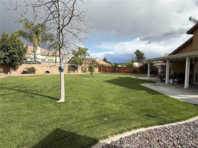 view of yard with a fenced backyard and a patio area