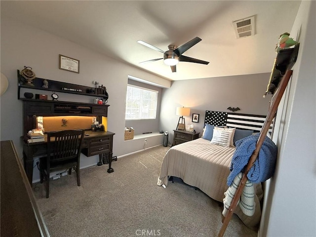 bedroom featuring a ceiling fan, visible vents, carpet, and baseboards