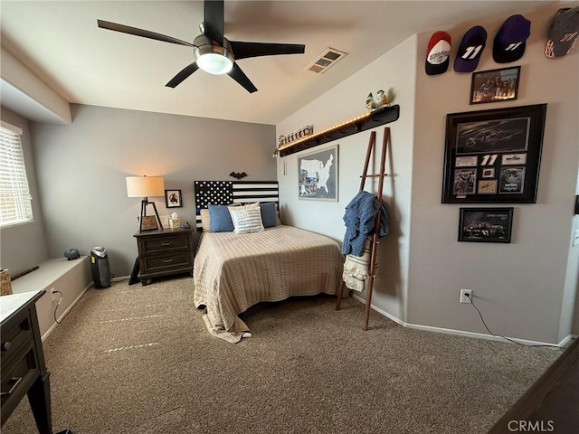 bedroom featuring carpet flooring, a ceiling fan, visible vents, and baseboards