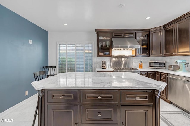 625 S Orange Grove Blvd Unit 3, Pasadena, CA 91105 - kitchen featuring range hood, dark brown cabinetry, tasteful backsplash, a kitchen island, and stainless steel appliances