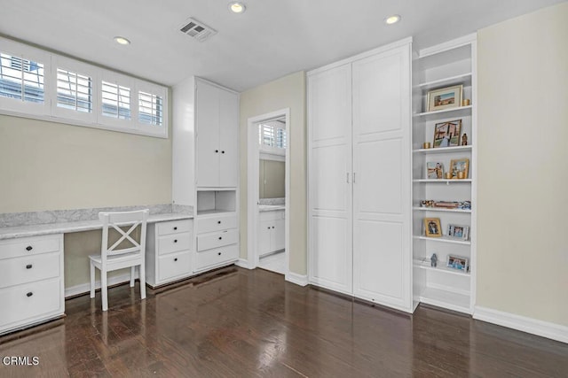 625 S Orange Grove Blvd Unit 3, Pasadena, CA 91105 - unfurnished office with visible vents, baseboards, dark wood finished floors, recessed lighting, and built in study area