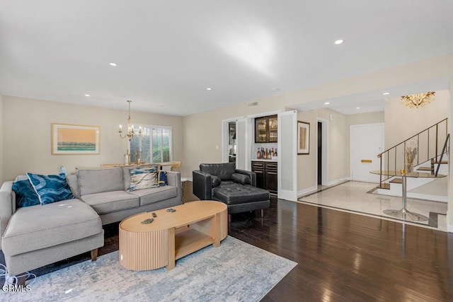 625 S Orange Grove Blvd Unit 3, Pasadena, CA 91105 - living area featuring baseboards, an inviting chandelier, recessed lighting, stairway, and wood finished floors