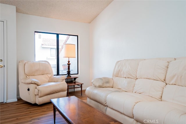 living area with wood finished floors, baseboards, a textured ceiling, and lofted ceiling