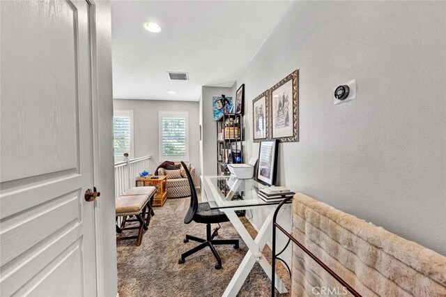 98 Hinterland Way, Ladera Ranch, CA 92694 - home office featuring a textured wall, recessed lighting, carpet, and visible vents