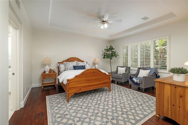 44 Edenbrook, Irvine, CA 92620 - bedroom featuring visible vents, a raised ceiling, wood finished floors, and a ceiling fan