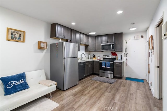 kitchen featuring light wood-type flooring, appliances with stainless steel finishes, light countertops, a sink, and backsplash