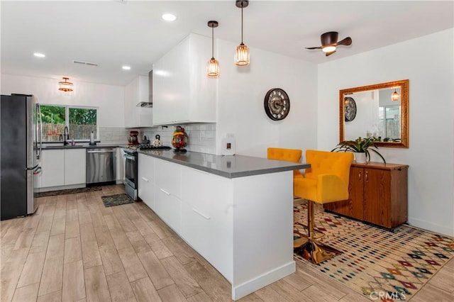 kitchen featuring light wood-type flooring, a peninsula, appliances with stainless steel finishes, and dark countertops