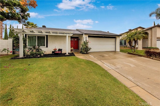 single story home featuring a garage, stucco siding, driveway, and a front yard