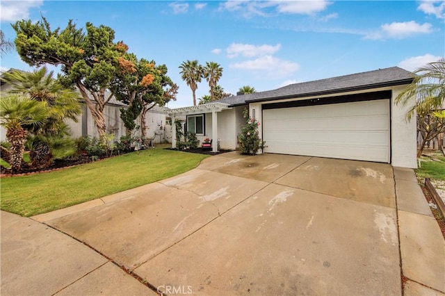 ranch-style house with a garage, a front lawn, a pergola, stucco siding, and driveway