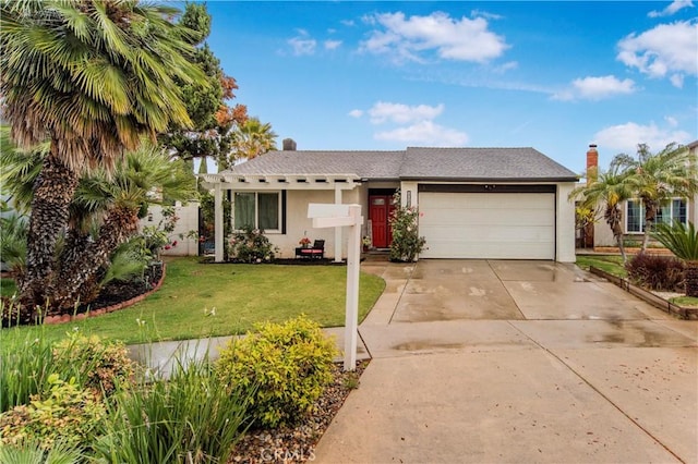 ranch-style house featuring an attached garage, driveway, stucco siding, and a front yard
