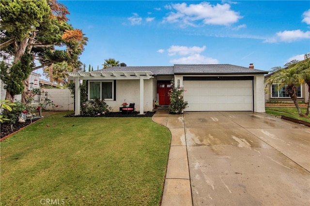 ranch-style house featuring a garage, a front lawn, concrete driveway, a pergola, and stucco siding