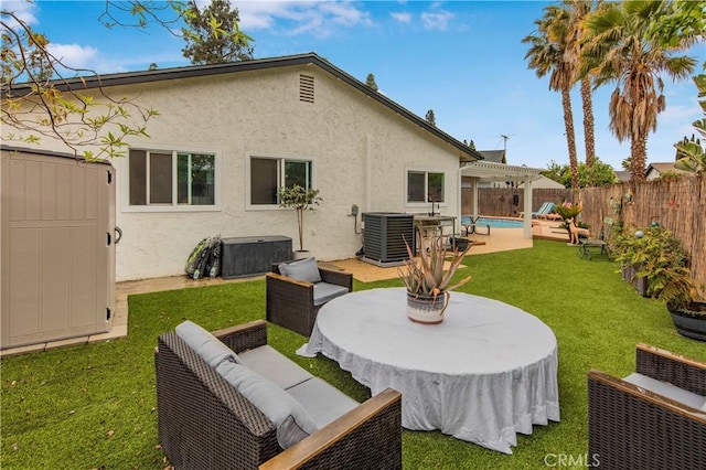 back of house featuring an outdoor living space, central air condition unit, a fenced backyard, a pergola, and stucco siding