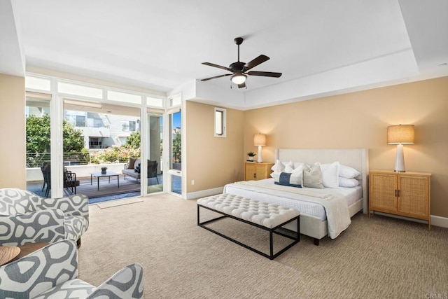 bedroom with carpet, ceiling fan, access to outside, and baseboards