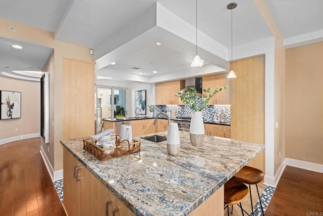 kitchen featuring baseboards, tasteful backsplash, wood-type flooring, and a sink