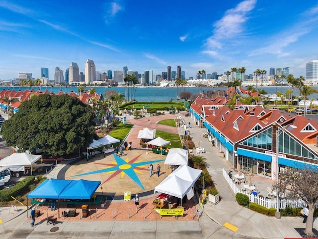 bird's eye view featuring a view of city and a water view