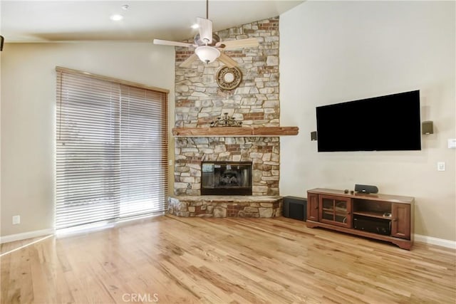 26371 Spyglass Dr, Lake Arrowhead, CA 92352 - unfurnished living room with wood finished floors, a fireplace, a ceiling fan, and lofted ceiling