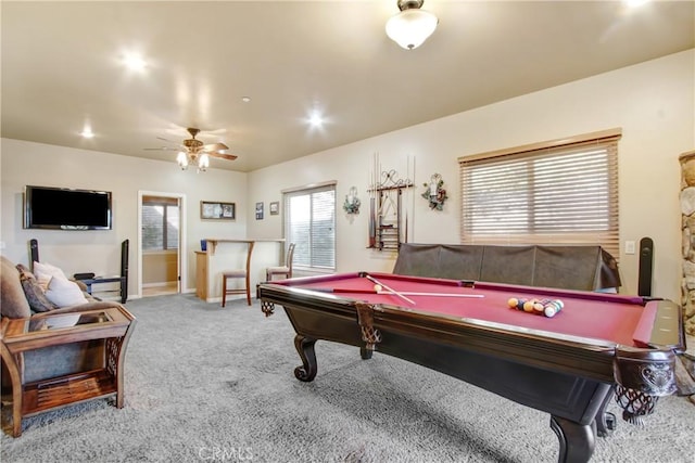 26371 Spyglass Dr, Lake Arrowhead, CA 92352 - recreation room with pool table, carpet flooring, baseboards, and ceiling fan