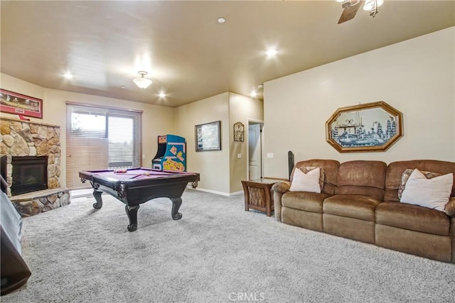 26371 Spyglass Dr, Lake Arrowhead, CA 92352 - rec room featuring ceiling fan, a stone fireplace, carpet flooring, baseboards, and billiards