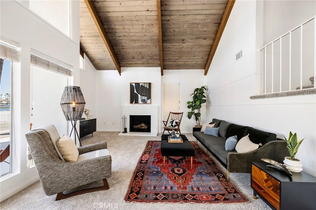 5263 E Paoli Way, Long Beach, CA 90803 - carpeted living area with a healthy amount of sunlight, high vaulted ceiling, beamed ceiling, and wooden ceiling