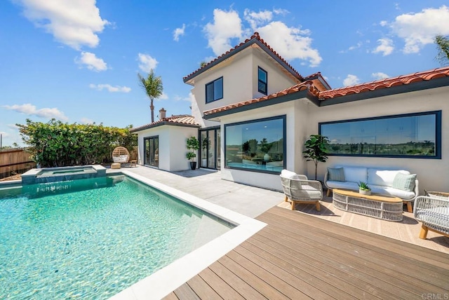 3792 Vista Pt, Bonita, CA 91902 - rear view of house featuring stucco siding, a tiled roof, a pool with connected hot tub, and an outdoor living space