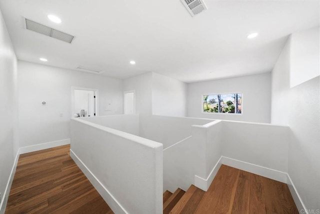 3792 Vista Pt, Bonita, CA 91902 - hall with an upstairs landing, baseboards, wood finished floors, and recessed lighting