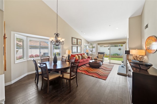 1525 Elegante Ct, Corona, CA 92882 - dining area featuring high vaulted ceiling, dark wood-style floors, a chandelier, baseboards, and recessed lighting