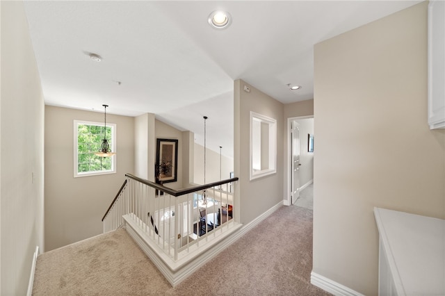 1525 Elegante Ct, Corona, CA 92882 - corridor with an upstairs landing, baseboards, carpet flooring, and recessed lighting