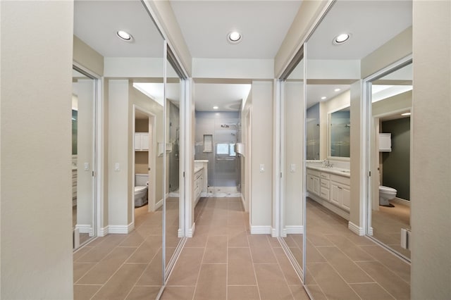 1525 Elegante Ct, Corona, CA 92882 - bathroom with toilet, vanity, tile patterned floors, and recessed lighting