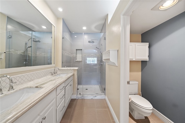 1525 Elegante Ct, Corona, CA 92882 - bathroom with tile patterned floors, toilet, a shower stall, double vanity, and baseboards