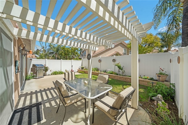 1525 Elegante Ct, Corona, CA 92882 - view of patio featuring a grill, outdoor dining space, a fenced backyard, and a pergola