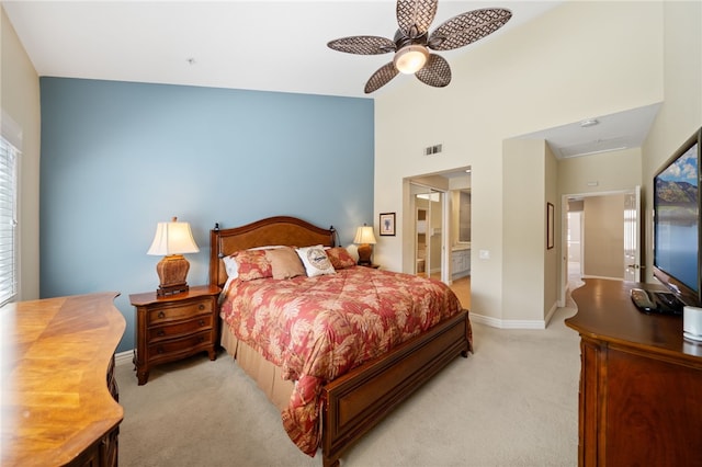1525 Elegante Ct, Corona, CA 92882 - bedroom featuring light colored carpet, baseboards, ceiling fan, a high ceiling, and connected bathroom