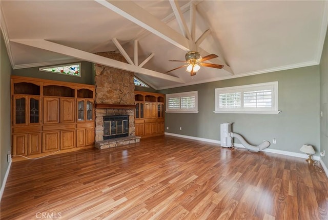 7041 Heil Ave, Huntington Beach, CA 92647 - unfurnished living room with light wood-style floors, baseboards, a ceiling fan, and a stone fireplace