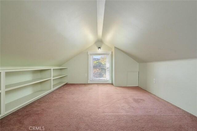 additional living space with built in features, carpet, and vaulted ceiling