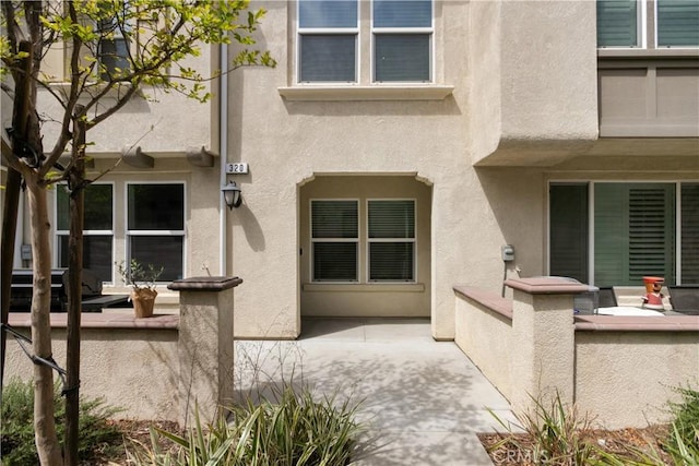 view of exterior entry with a patio and stucco siding