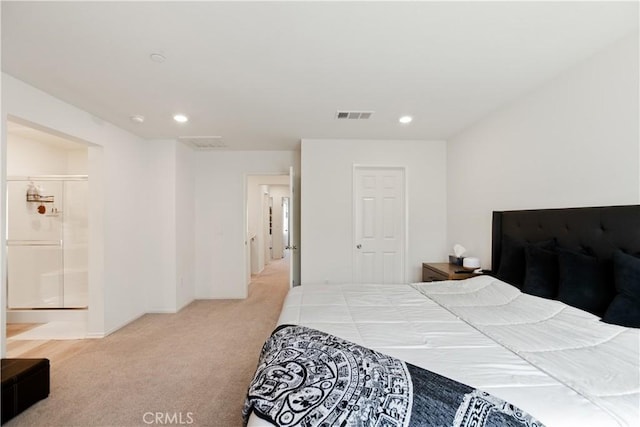 bedroom featuring baseboards, recessed lighting, visible vents, and light colored carpet