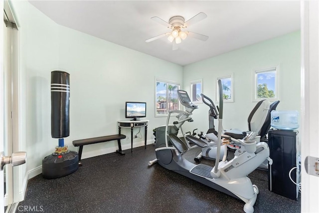 exercise area featuring baseboards and a ceiling fan
