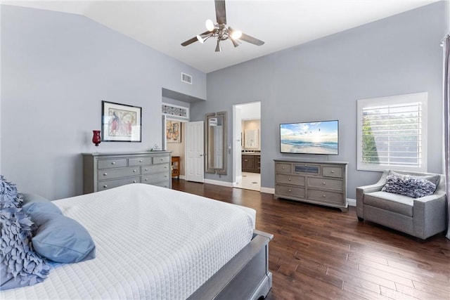 bedroom featuring baseboards, a ceiling fan, connected bathroom, dark wood-type flooring, and visible vents