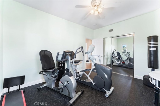 exercise area with baseboards, a ceiling fan, and visible vents