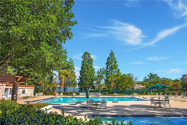 pool featuring a pergola, a patio, and fence