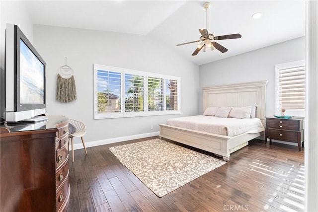 12475 Woodhall Way, Tustin, CA 92782 - bedroom with lofted ceiling, dark wood-style floors, baseboards, and ceiling fan