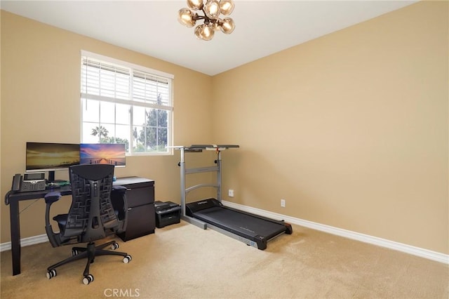 608 Chaparral Ct, Altadena, CA 91001 - exercise area with carpet floors, baseboards, and a chandelier