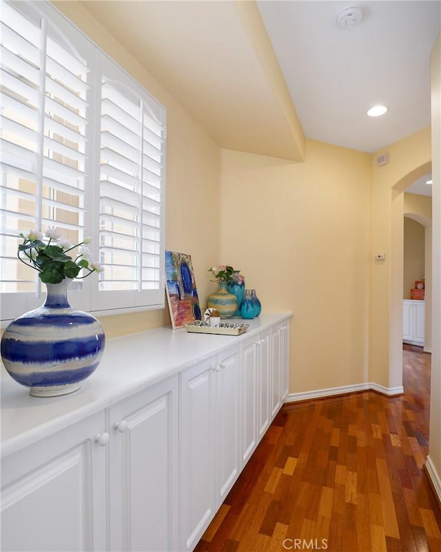 608 Chaparral Ct, Altadena, CA 91001 - hallway featuring recessed lighting, arched walkways, baseboards, and wood finished floors