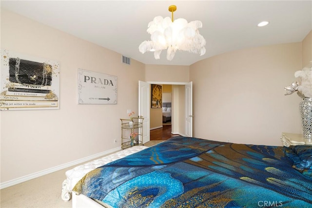 608 Chaparral Ct, Altadena, CA 91001 - bedroom with baseboards, carpet, a notable chandelier, and visible vents