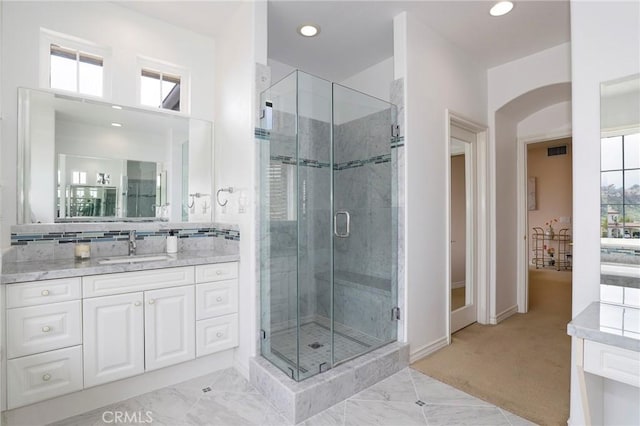 608 Chaparral Ct, Altadena, CA 91001 - bathroom with vanity, baseboards, a stall shower, and recessed lighting