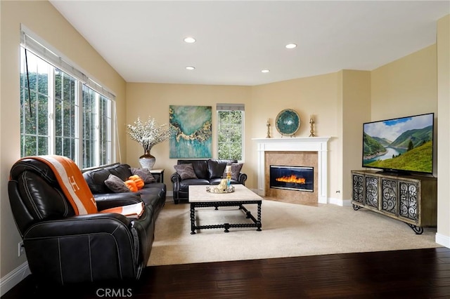 608 Chaparral Ct, Altadena, CA 91001 - living area featuring recessed lighting, a glass covered fireplace, a wealth of natural light, and hardwood / wood-style flooring