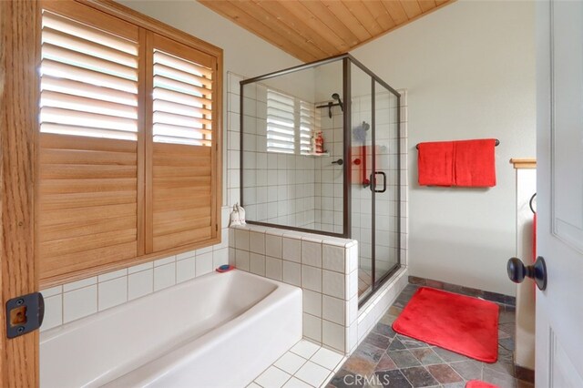 40957 Shandee Ln, Ahwahnee, CA 93601 - full bathroom with a bath, a stall shower, and wood ceiling