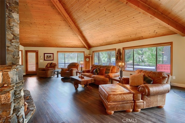 40957 Shandee Ln, Ahwahnee, CA 93601 - living area featuring high vaulted ceiling, wooden ceiling, baseboards, dark wood-style floors, and beam ceiling